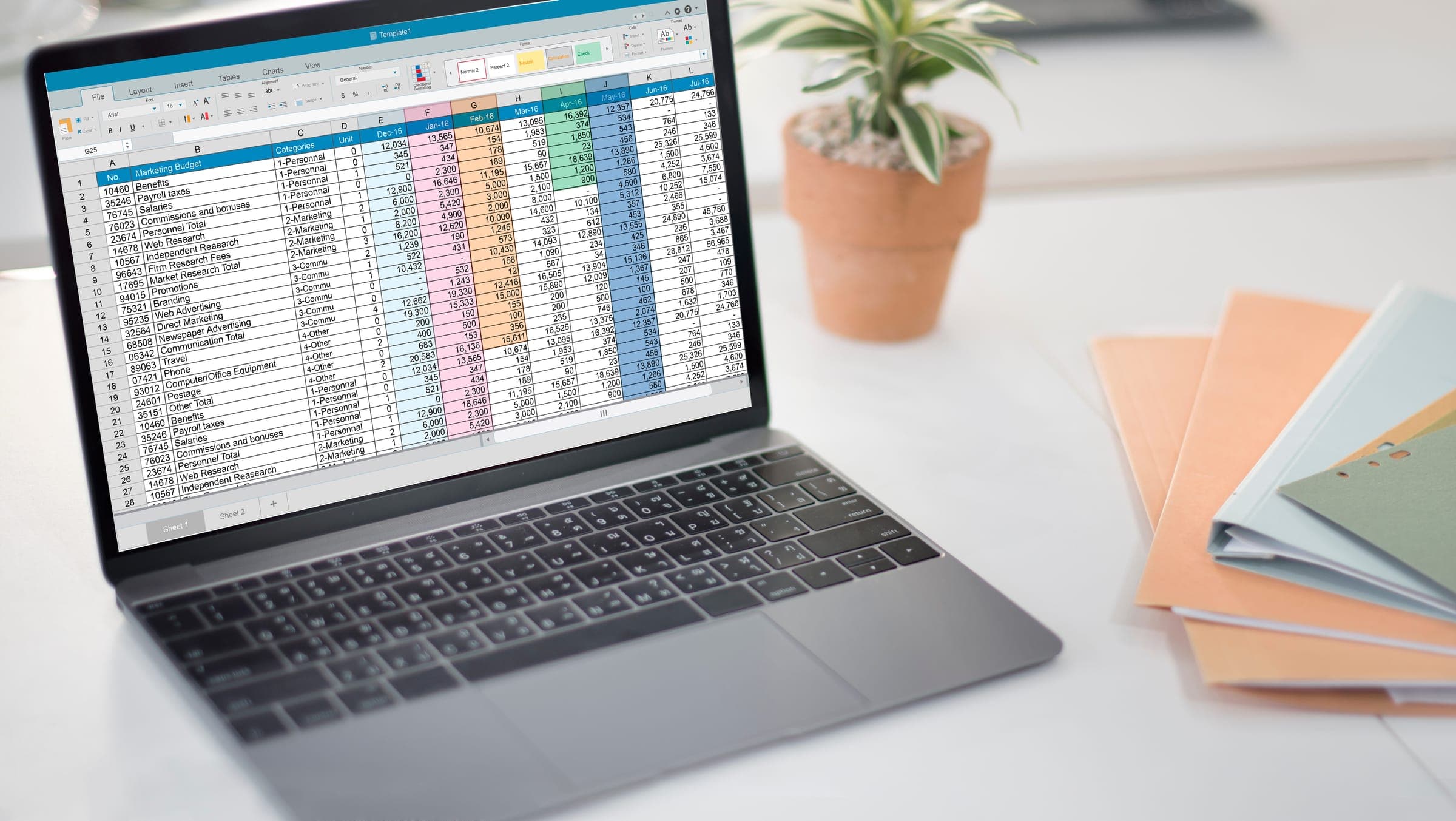 A laptop showing an accounting spreadsheet of personnel and payroll costs